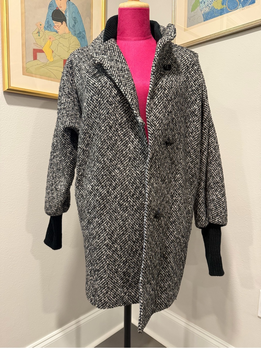 Vintage 1980’s New York Girl Herringbone Toggle PeaCoat in Black & White Size 8